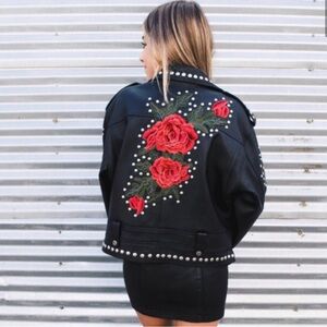 LF Carmar Black Leather Embroidered Moto Jacket